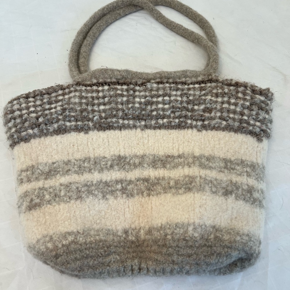 Womens Felted Wool HandBag Purse Gray‎ Cream Brown Handmade “spot* Boho 16 X 12